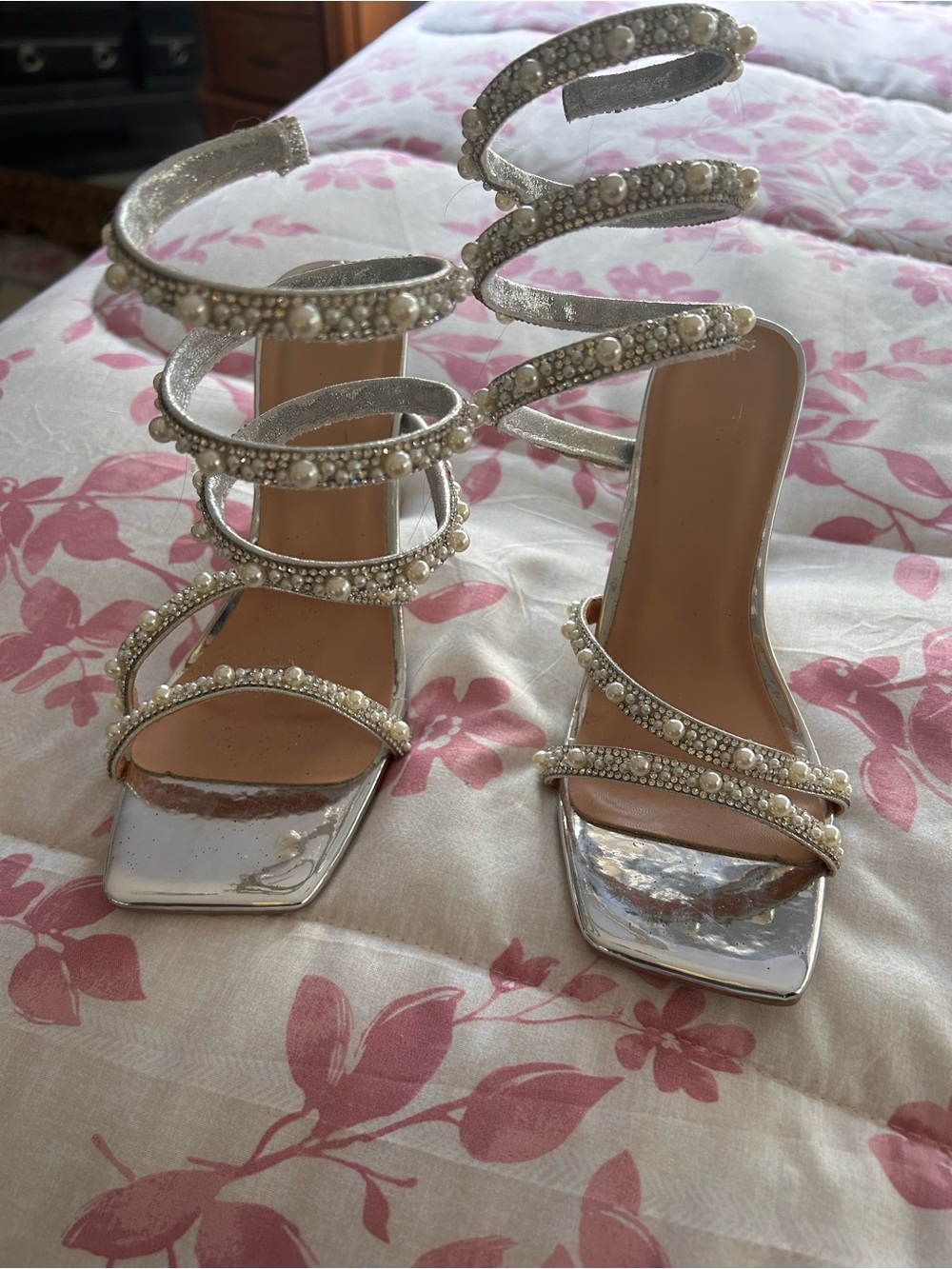 Pearl-Embellished Silver Strappy High-Heel Sandals - Women's